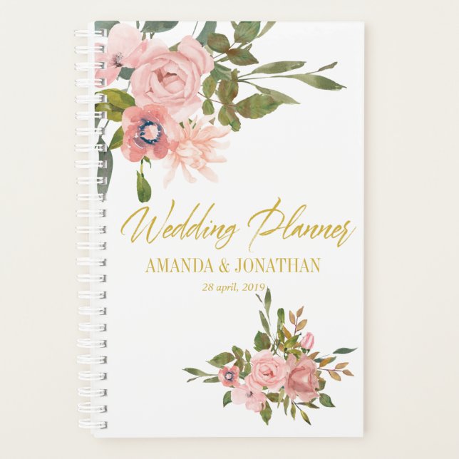 Planejador de Casamento Rosa Floral e Dourado (Frente)