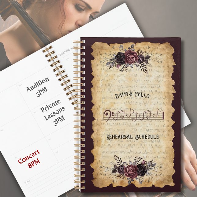 Planejador de Ensaios de Violoncelo para Músico da (Personalized trendy botanical cello rehearsal planners—set your schedule in luxury style. )