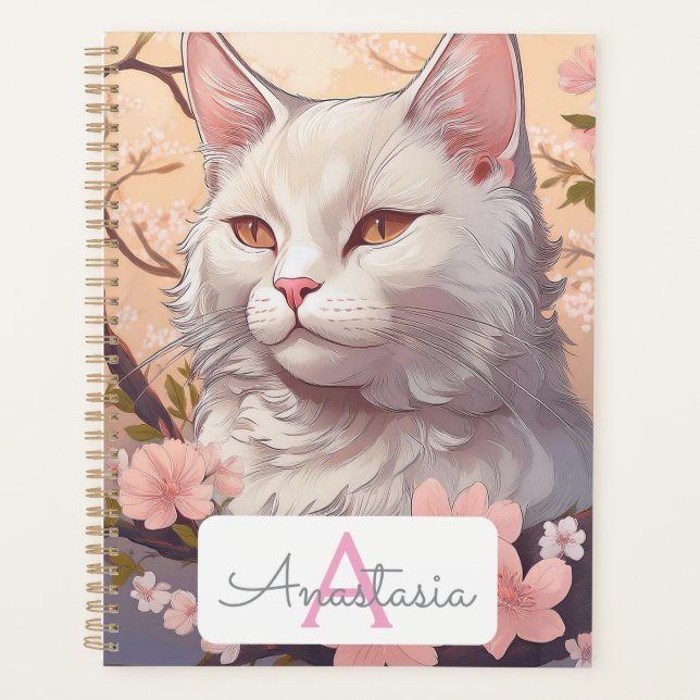 Planejador de Gatos Brancos Serene com Nome e Mono (Frente)