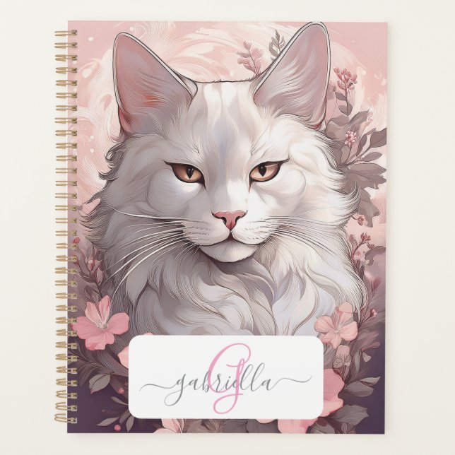Planejador de Gatos Brancos Serene com Nome e Mono (Frente)
