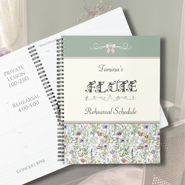 Planejador de Horário de Ensaios da Flauta Botânic (Whimsical Flute Rehearsal Planner | Pink Floral & Sage Green Botanical Aesthetic Music Gift)