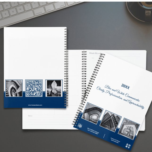 Planejador de negócios de Colagem Azul e Branco do (Promotional Blue & White Collage Business Planner, Tagline, QR code, 5 Images)