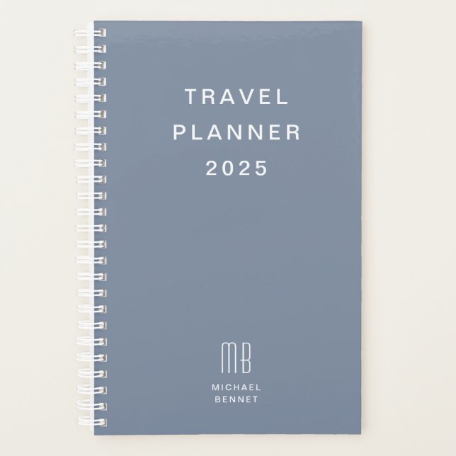 Planejador de Viagem Azul Poento Monograma Moderno (Frente)