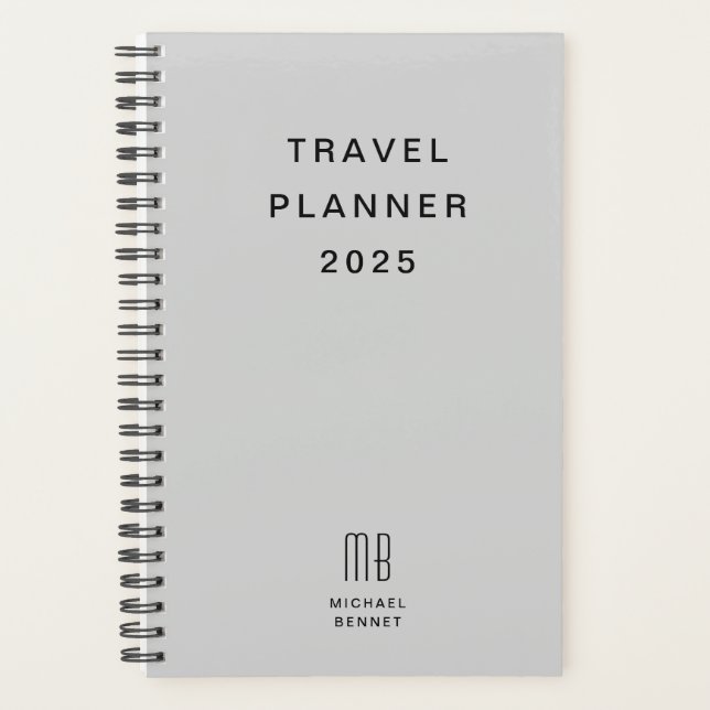 Planejador de Viagem Cinza Monograma Moderno (Frente)