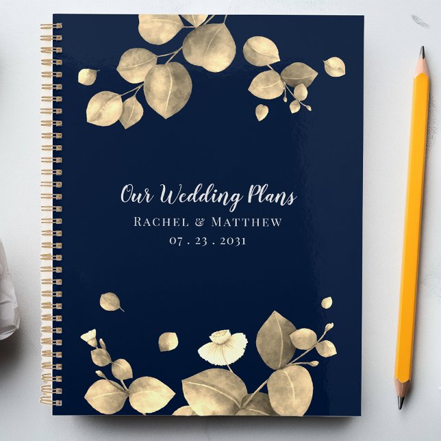 Planejador Elegante de Plano Botânico de Casamento (Eucalyptus Gold Foliage Script Wedding Planner Notebook)