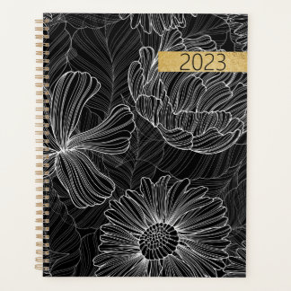 Planejador Espiral Floral Branco e Preto Moderno