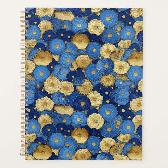 Planejador Floral Azul e Dourado de Chiyogami (Frente)