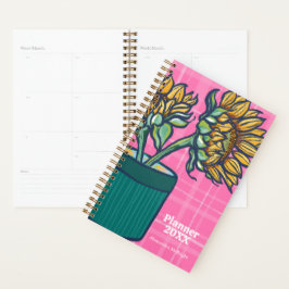 Planejador Girassol Cottagecore Xadrez Rosa Ousado