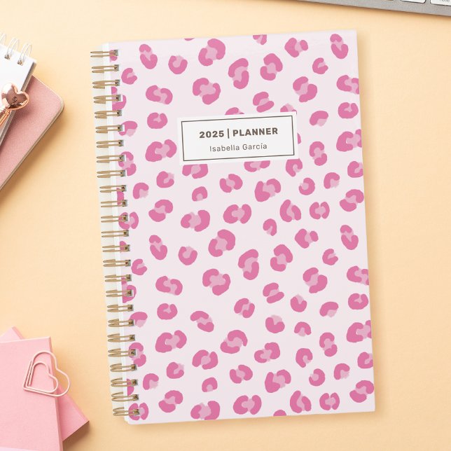 Planejador Mensal Rosa Moderno (Personalized Pink Leopard Print, Weekly Monthly Planner.)