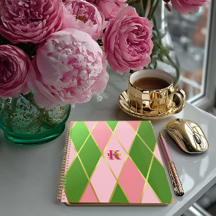 Planejador Monogramado Rosa e Verde Xadrez