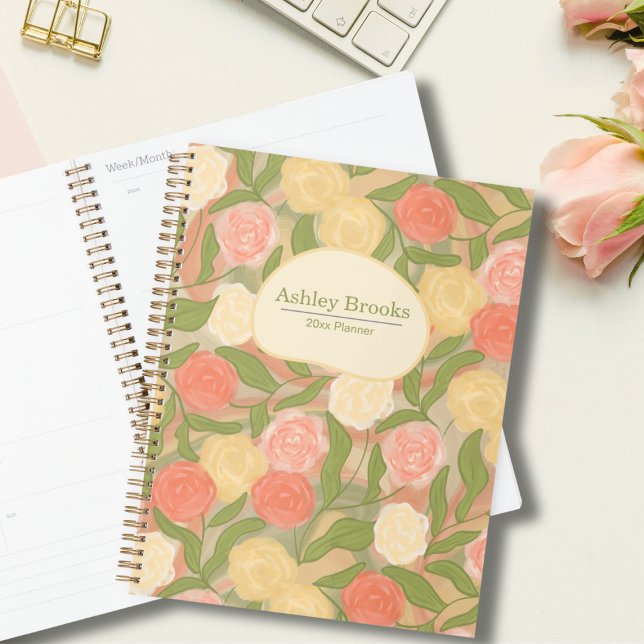 Planejador Personalizado com Rosas Pintadas à Mão  (Elegant Rose Painterly Personalized Planner)