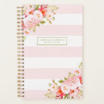Planejador Personalizado de Listras Rosa Femininas<br><div class="desc">Ilustrações femininas e elegantes de plantas cor-de-rosa,  flores e folhagem. Este planejador botânico cor-de-rosa será perfeito como presente personalizado.</div>