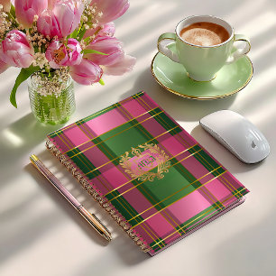 Planejador Pessoal Monograma Xadrez Rosa Chic Verd