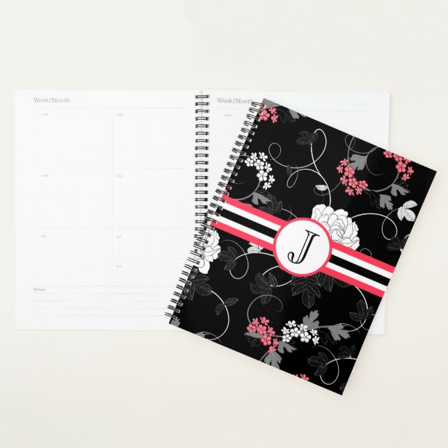 Planejador Preto Rosa Floral Ondulado (Exibição)