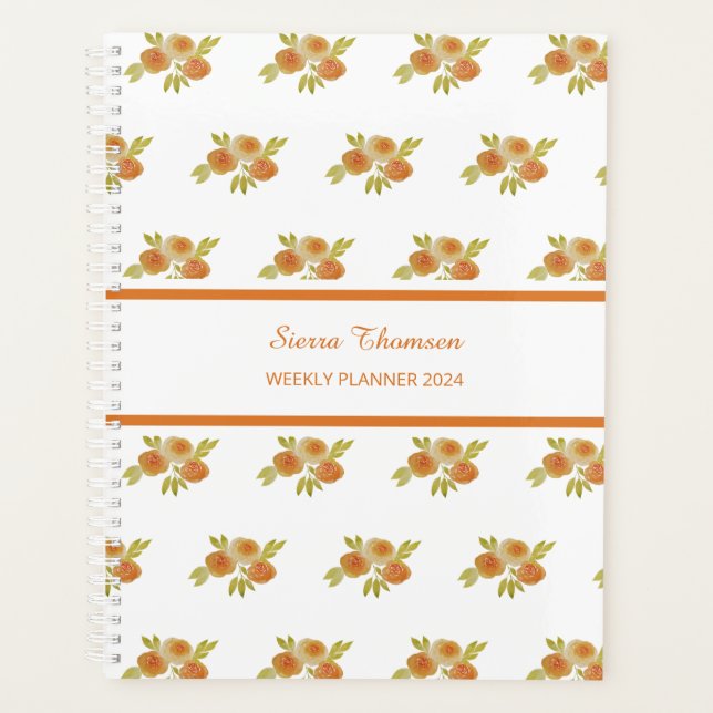 Planejador Semanal de Rosas Apricot de Aquarela (Frente)