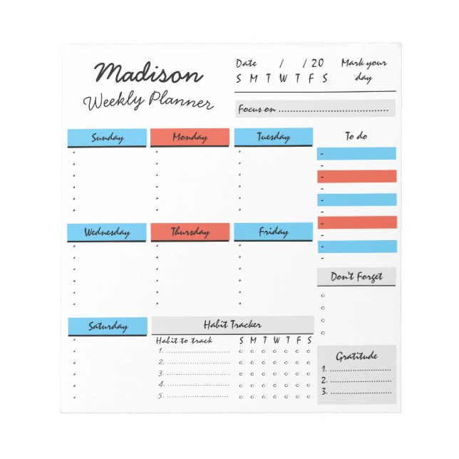 Planejador Semanal Personalizado Bloco de Notas Cu (Frente)