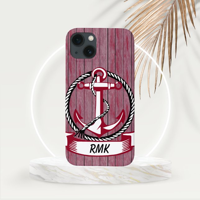 Planícies e Âncoras da Borgonha, Curvos Náuticos (Nautical Themed Burgundy Planks with Fouled Anchor and Personalization area Phone Case)