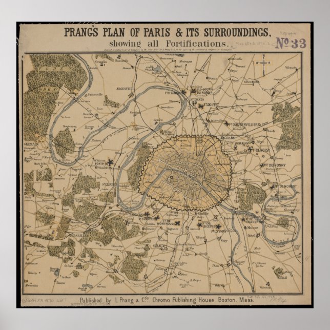 Planos Vintage de Paris, França, Impressão de Mapa (Frente)