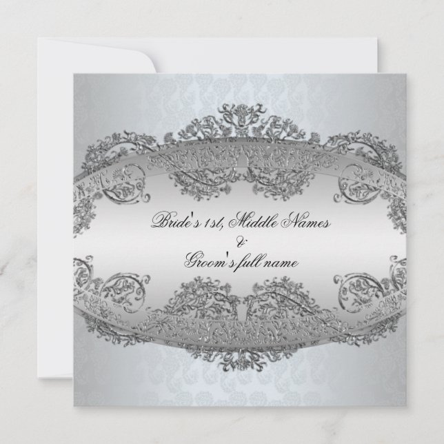 Platinum Silver Damask frame Convites de Casamento (Frente)