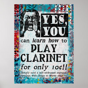 Play Clarinet Poster - Engraçado Anúncio Vintage