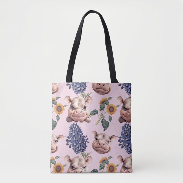 Playmy Hippo e Floral Tote Bag (Frente)