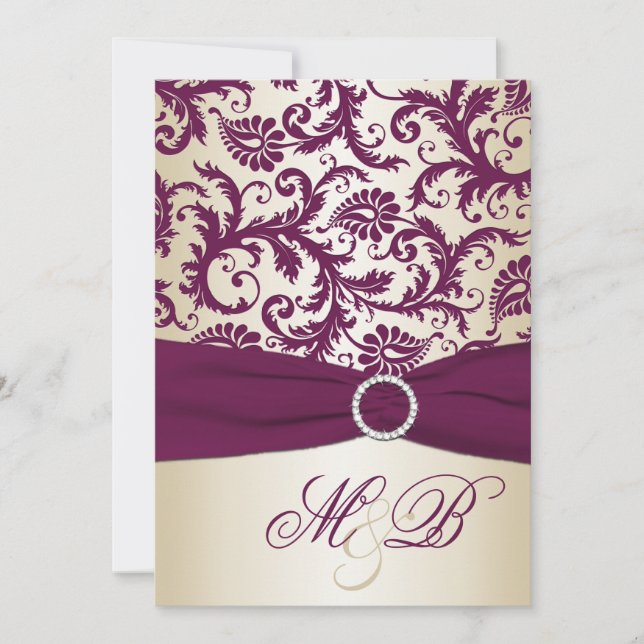 Plum Damask com Convite de casamento de fita impre (Frente)