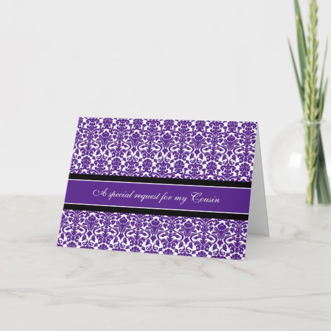 Plum Damask Cousin Bridesmaid Convite Card (Frente)