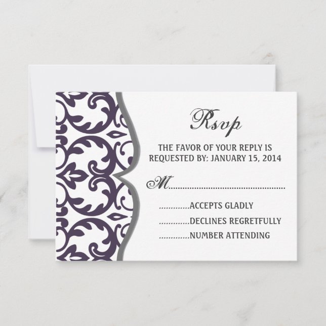 Plum Damask Heart Wedt RSVP Card Elegante (Frente)