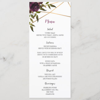 Plum Floral Faux Dourado Geométrico Menu Card