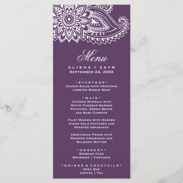 Plum Indian Paisley Janta Menu Card (Frente)
