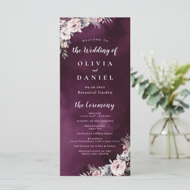 Plum & posty pink boho floral programa de casament (Em pé/Frente)