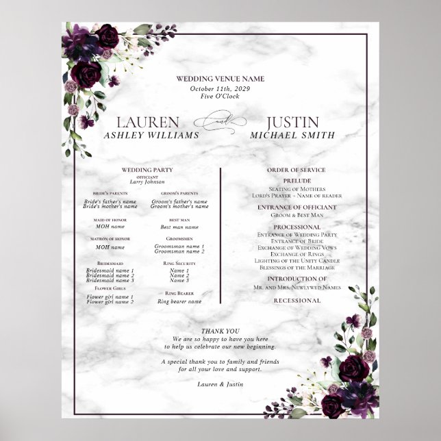Plum Purple Floral Marble Programme Poster (Frente)