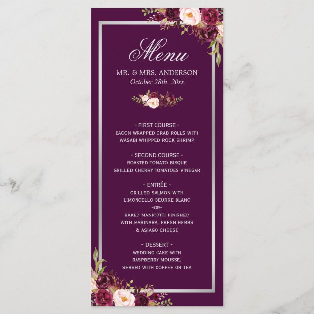 Plum Purple Floral Silver Cinza Menu Casamento (Frente)