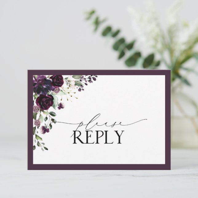 Plum Purple Floral Watercolor RSVP (Em pé/Frente)