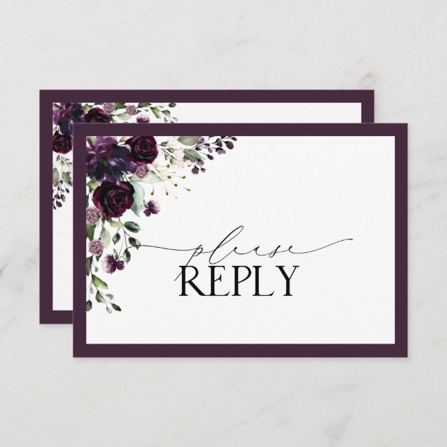 Plum Purple Floral Watercolor RSVP (Frente/Verso)