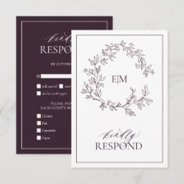 Plum Purple Leafy Monograma Cartão RSVP de Casamen