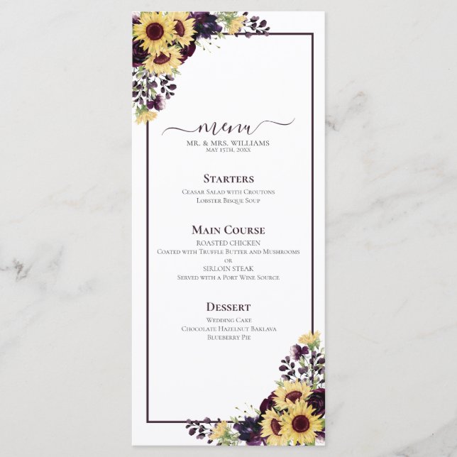 Plum Purple Sunflower Watercolor Menu Casamento (Frente)