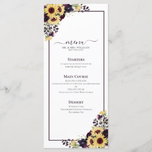 Plum Purple Sunflower Watercolor Menu Casamento
