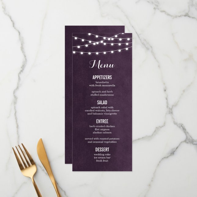 Plum String Lights Wedding Menu Card (Frente/Verso In Situ)