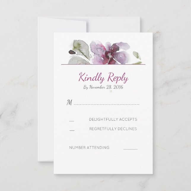 Plum Watercolor Blossom - Placas RSVP de Casamento (Frente)