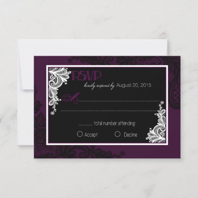 Plum White e Black Lace Elegante RSVP Card (Frente)