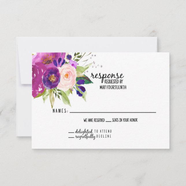 Pluma Floral Plum Watercolor Cartão RSVP de Casame (Frente)