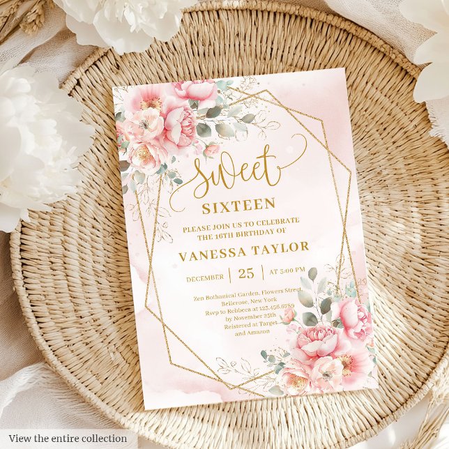 Pó Chic Pentes Dourados Rosa Doce 16 Convite (Chic Powder Pink Gold Peonies Sweet 16 Invitation)