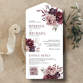 Pó Rosa Borgonha Floral Código QR Casamento