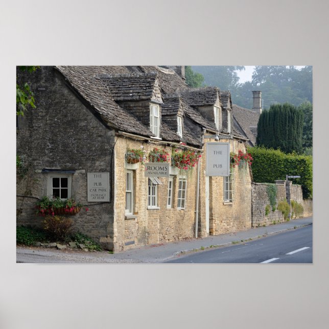 Pob de aldeia na impressão de poster de Cotswolds (Frente)