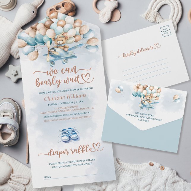 Podemos Esperar Fralda Chá de fraldas Raffle (We can bearly wait with a perforated diaper raffle card, baby shower invitation, blue balloons)