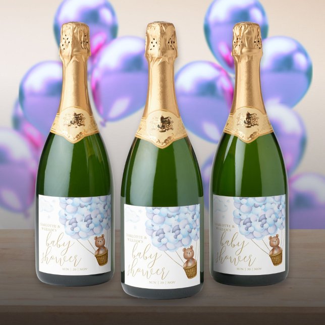 Podemos Esperar O Chá de fraldas Azul Do Urso De T (We Can Bearly Wait Teddy Bear Blue Baby Shower Sparkling Wine Label)