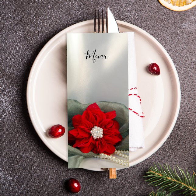 Poinsettia e Pérolas no Menu Casamento no inverno  (Set a festive December dinner table with the wintery Poinsettia and Pearls Wedding Menu.)