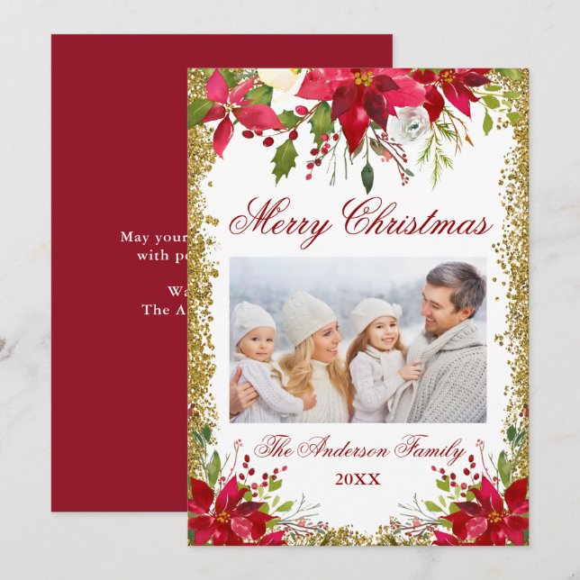 Poinsettia Floral Foto Glitter Cartão de Natal (Frente/Verso)