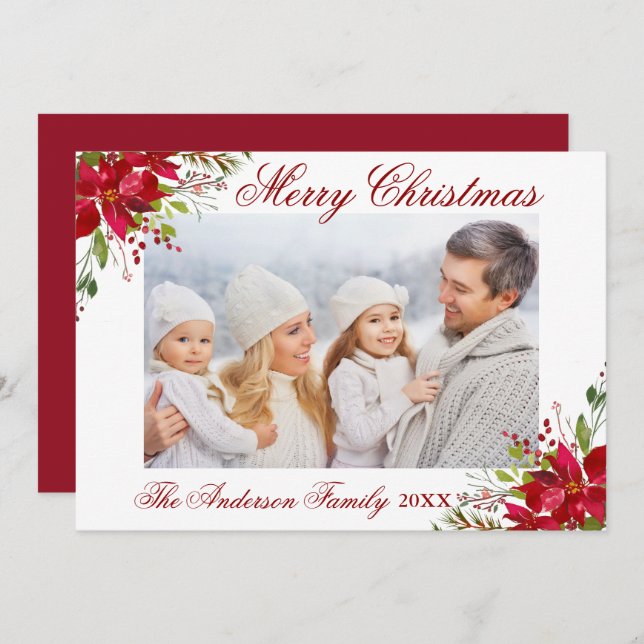 Poinsettia Foto Floral Cartão de Natal Vermelho (Frente/Verso)